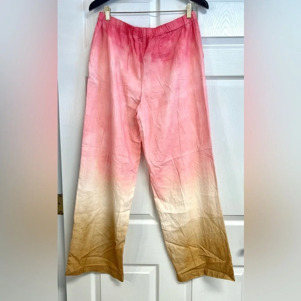 Zara Tie Dye Wide Leg Pants Linen Womens Size M Pink Rustic Hi Waist boho gypsy